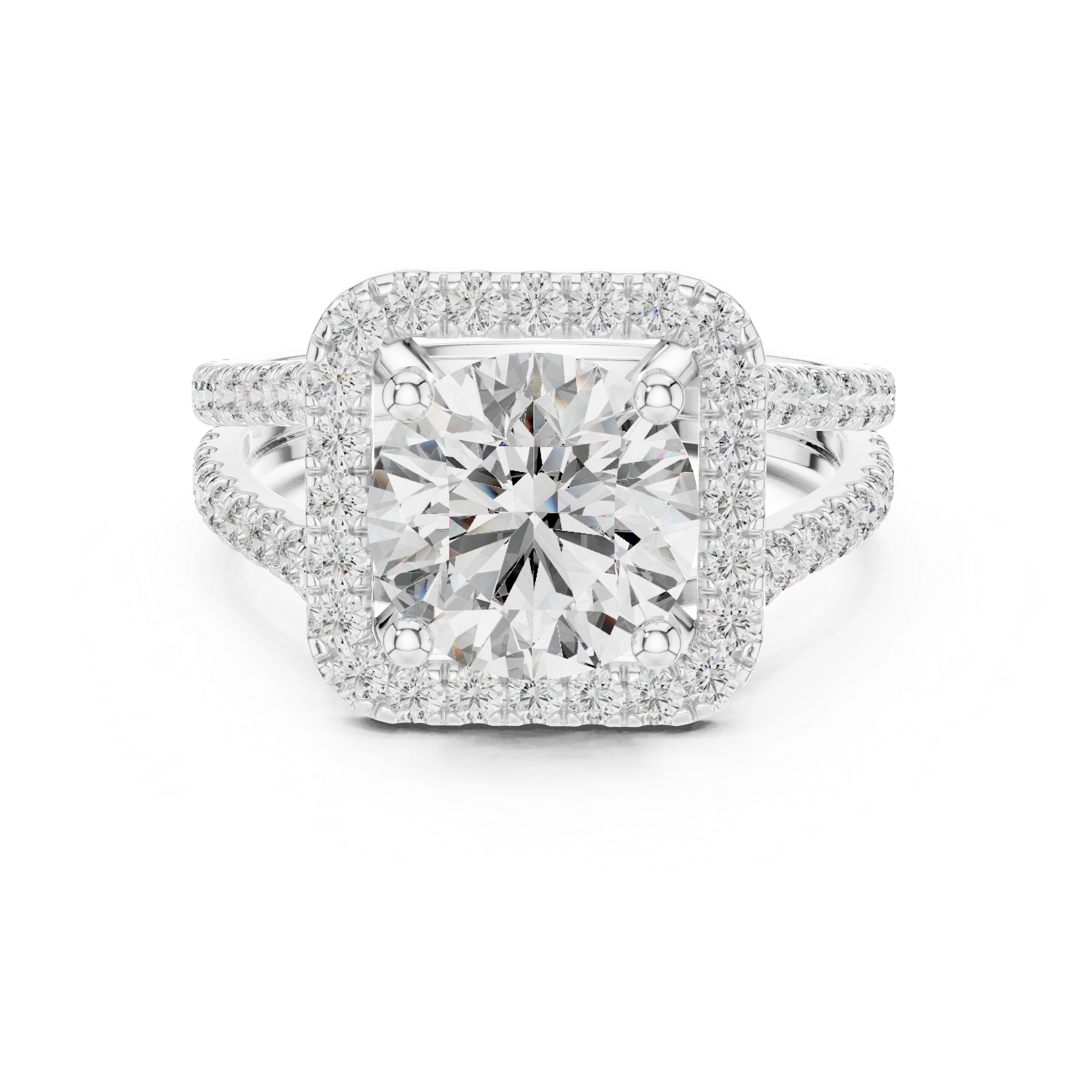 Round Cut Diamond Halo Split Shank Engagement Ring