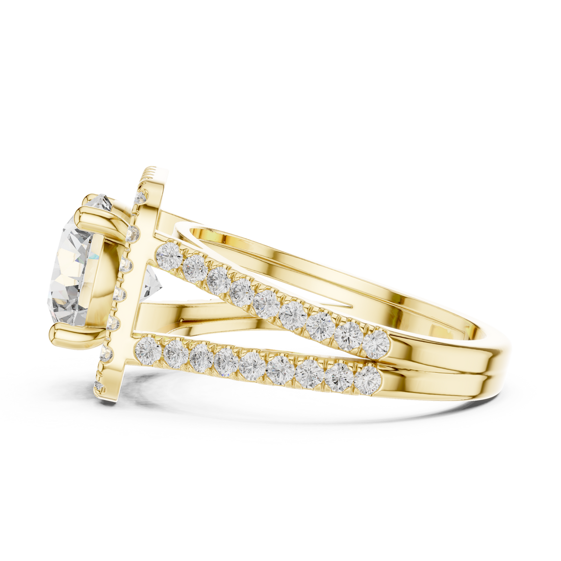 Round Cut Diamond Halo Split Shank Engagement Ring