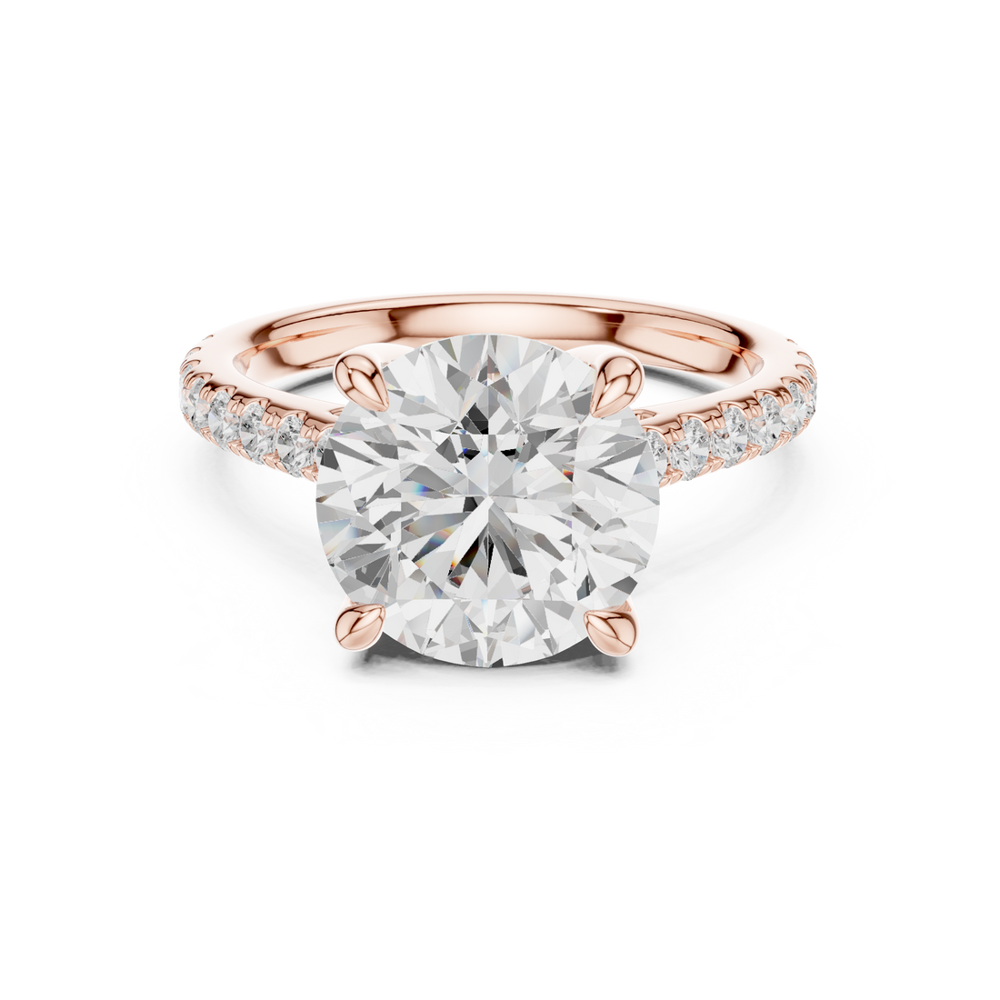 Round Cut Diamond Pavé Side Stone Engagement Ring with Classic Solitaire Setting