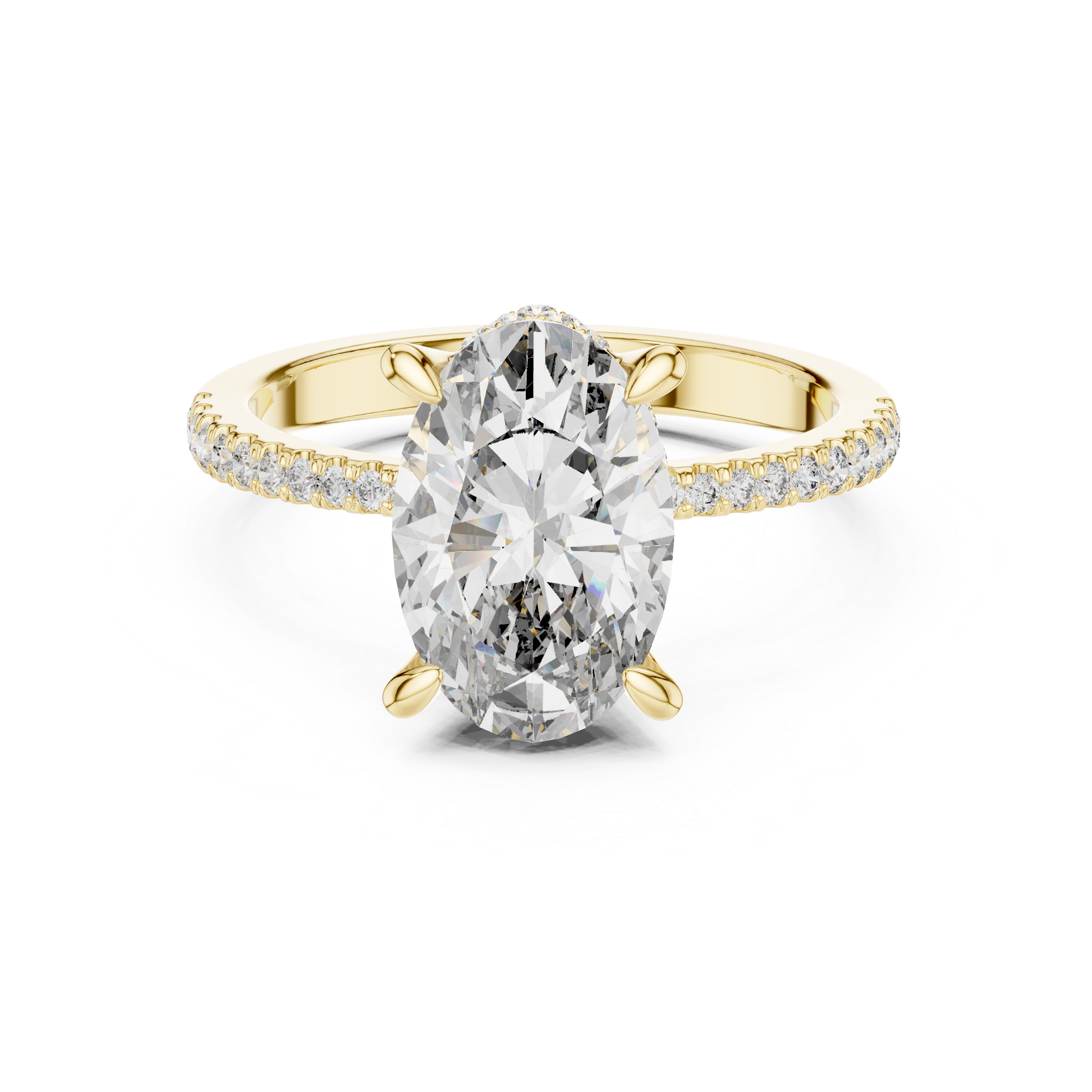 Rose gold halo ring with sparkling side stones.