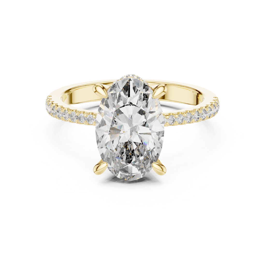 Rose gold halo ring with sparkling side stones.