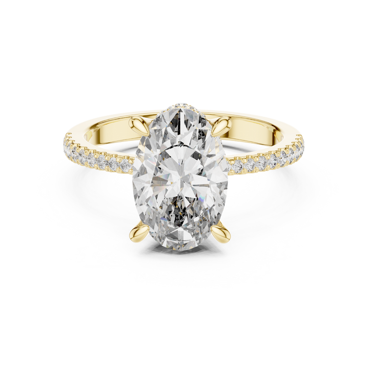 Rose gold halo ring with sparkling side stones.