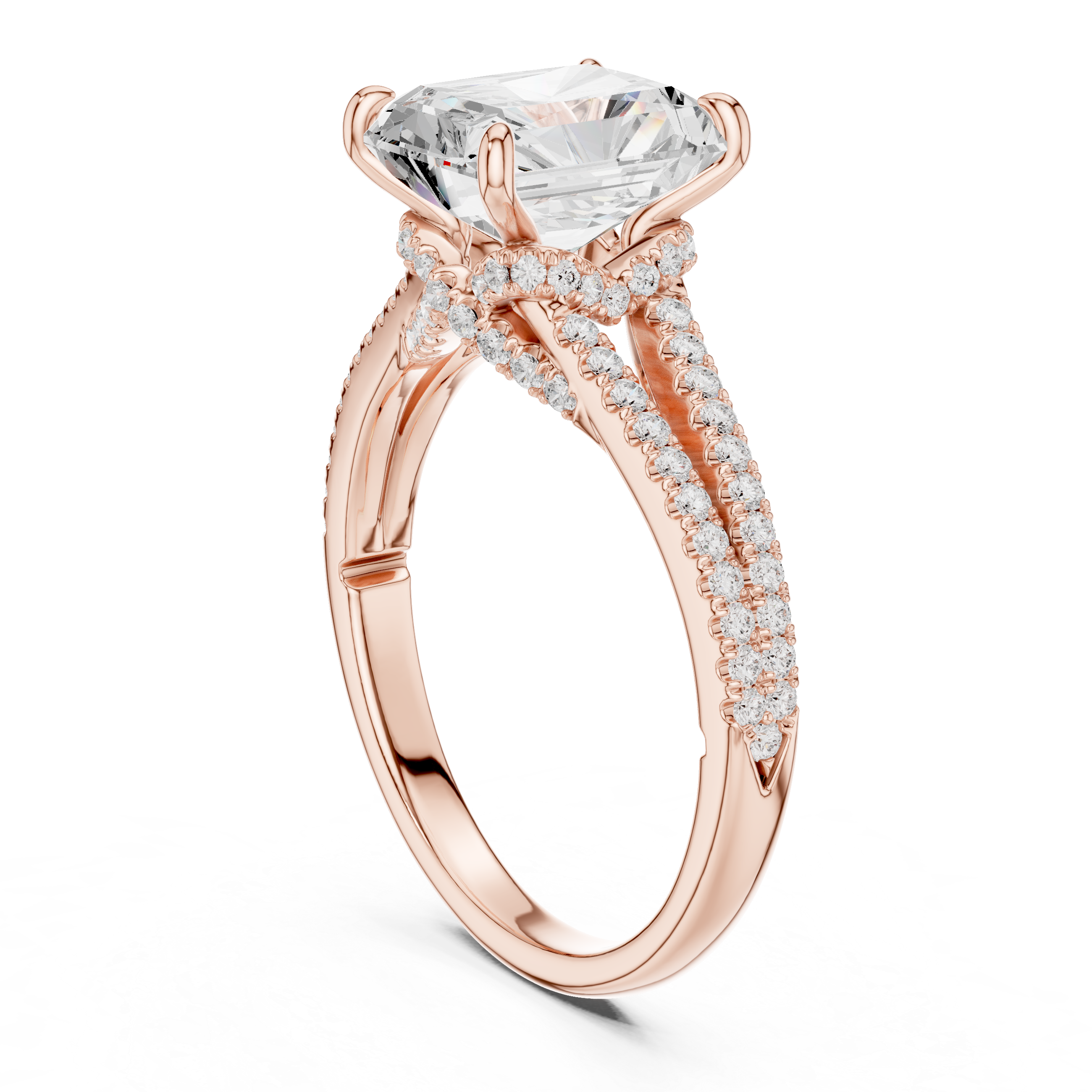 Split band engagement ring with diamond accents.