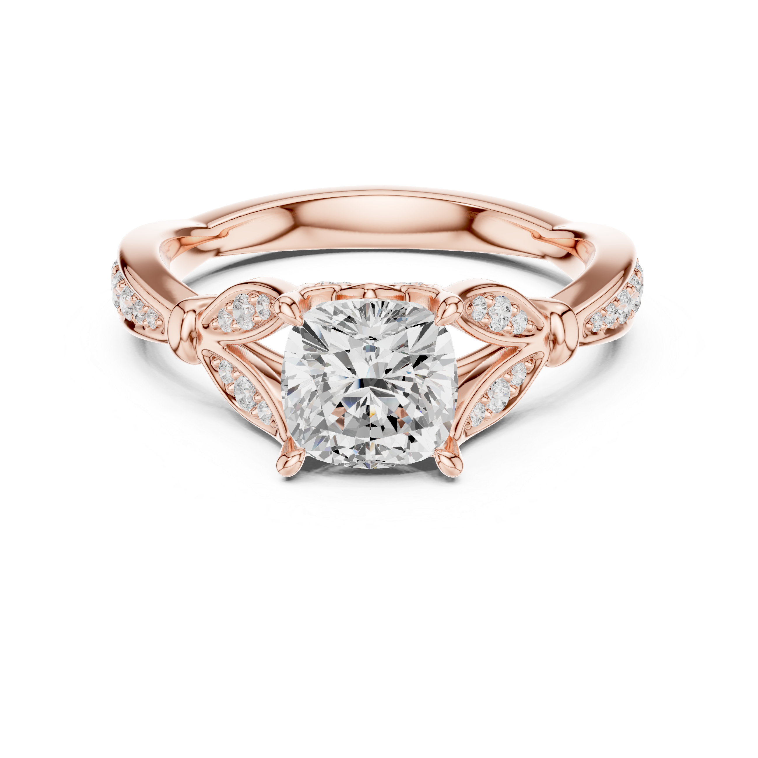 Cushion Cut Diamond Solitaire Ring with Vintage Split Shoulder Accents