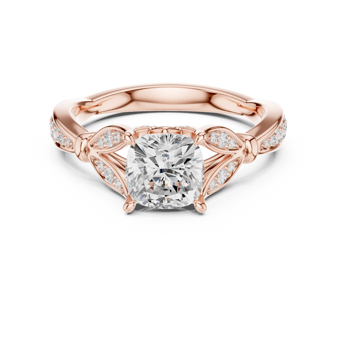 Cushion Cut Diamond Solitaire Ring with Vintage Split Shoulder Accents