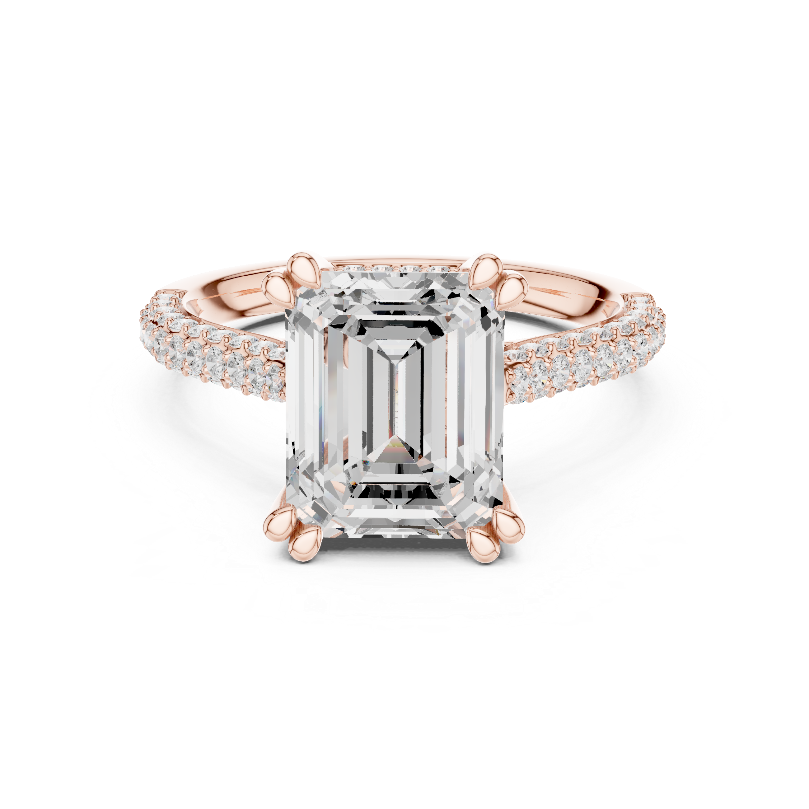 Emerald Cut Diamond Solitaire Ring with Double Pavé Band