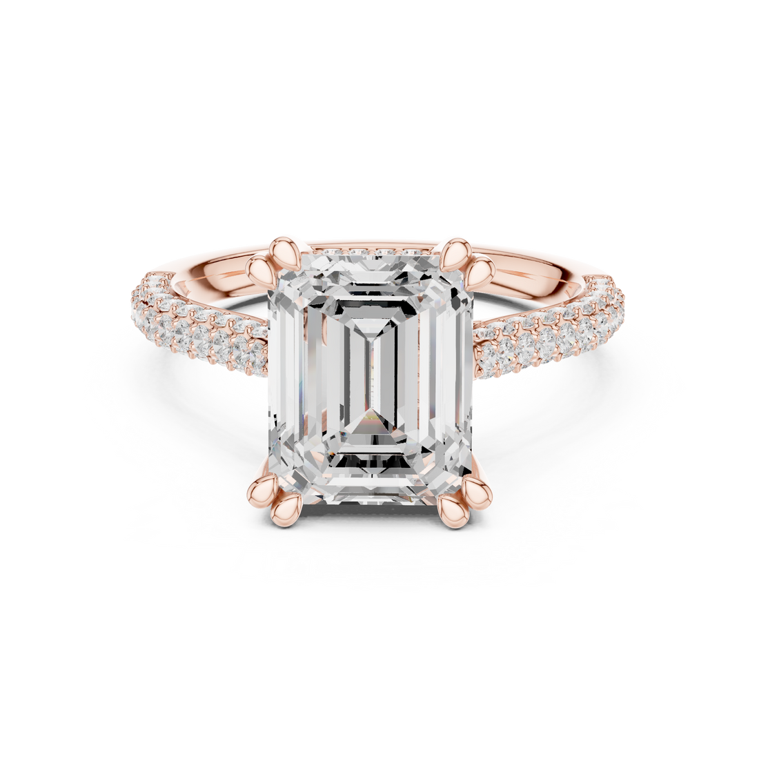 Emerald Cut Diamond Solitaire Ring with Double Pavé Band