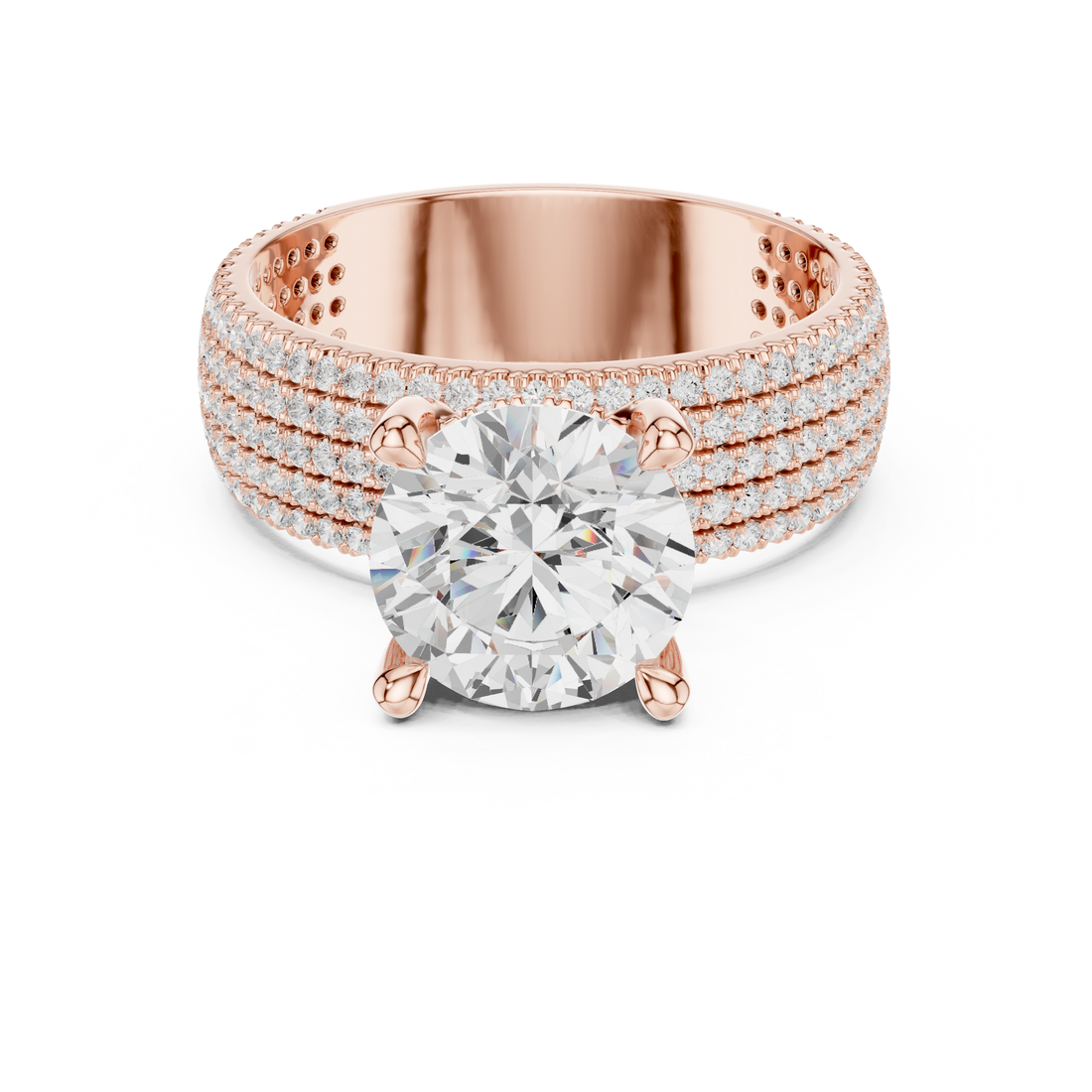 Round Cut Diamond Pavé Side Stone Engagement Ring with Multi-Row Brilliance