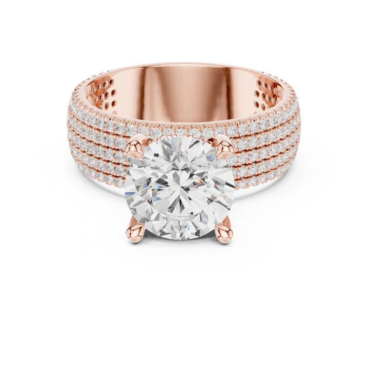 Round Cut Diamond Pavé Side Stone Engagement Ring with Multi-Row Brilliance