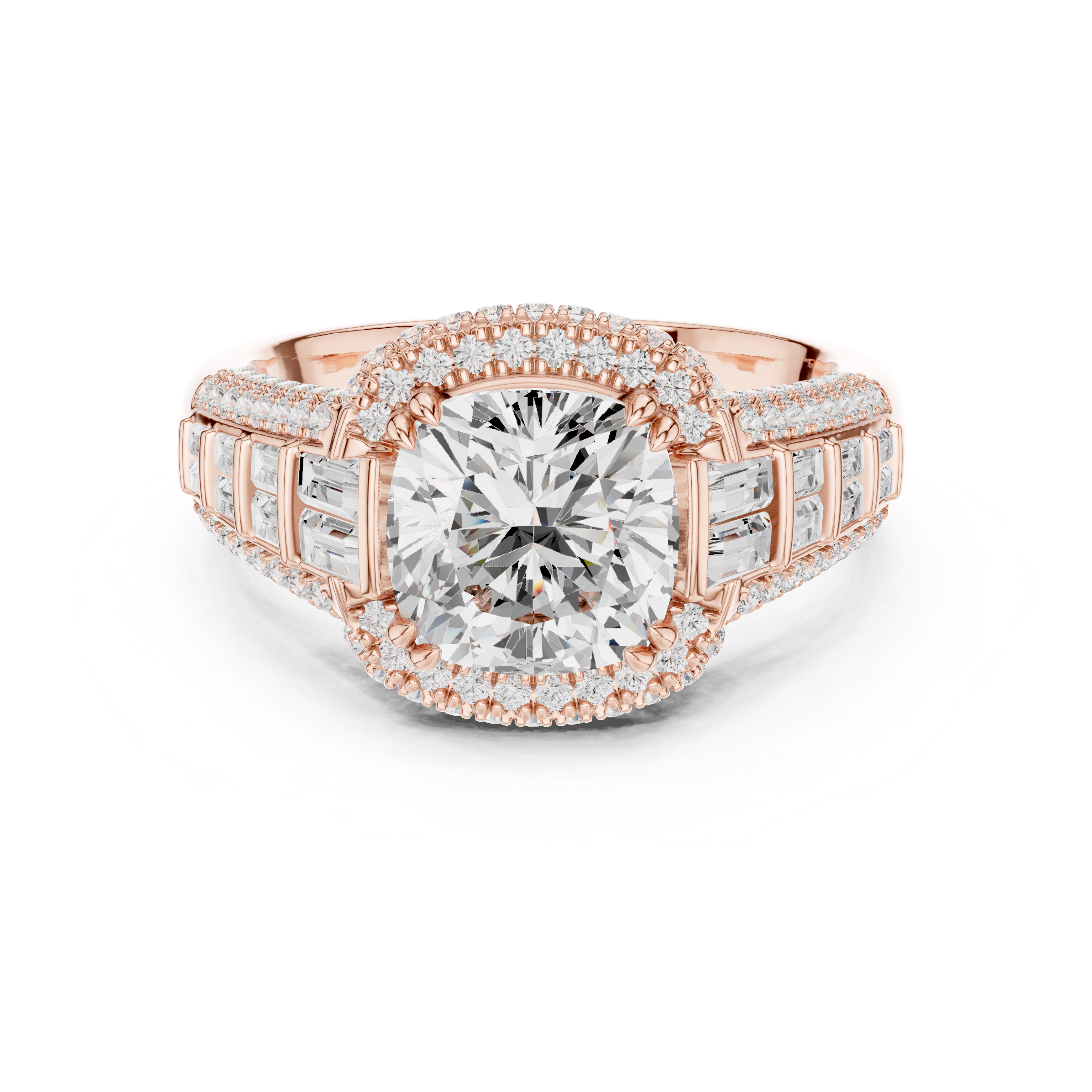 Cushion Cut Diamond Halo Ring with Baguette and Pavé Band