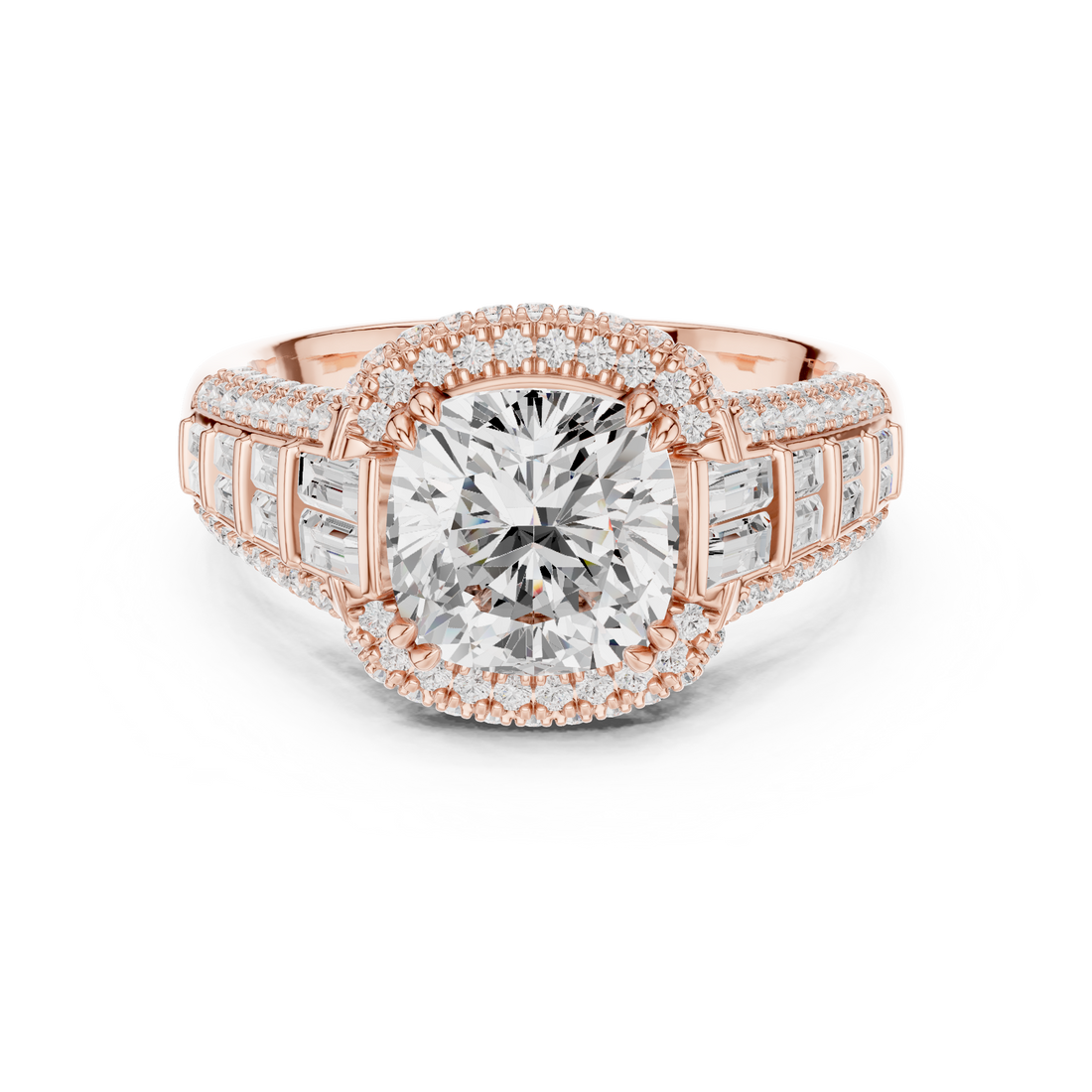 Cushion Cut Diamond Halo Ring with Baguette and Pavé Band