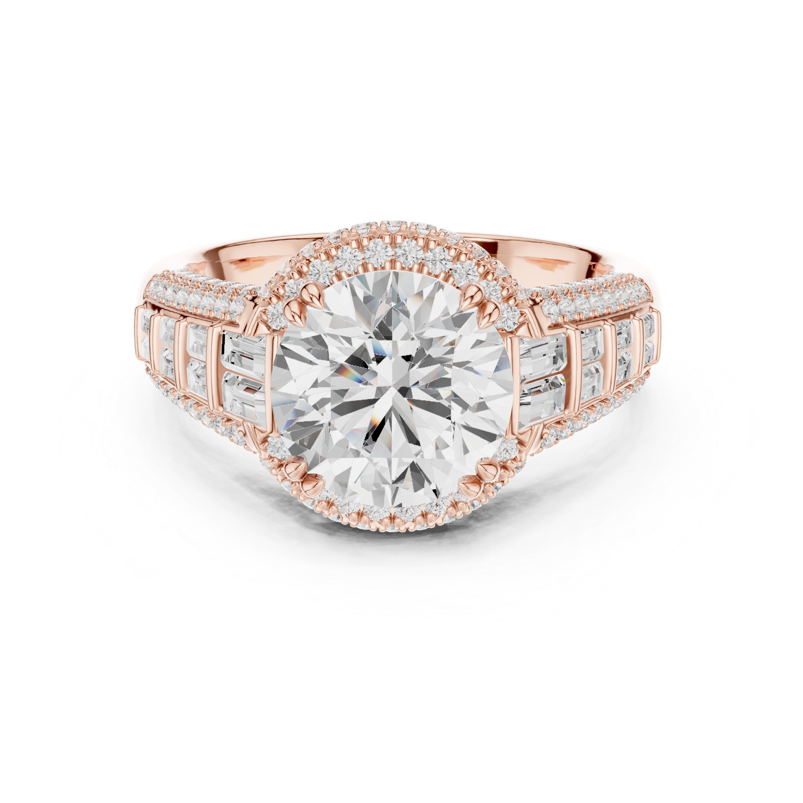 Round Cut Diamond Halo Engagement Ring with Baguette Side Stones and Vintage Inspired Detailing