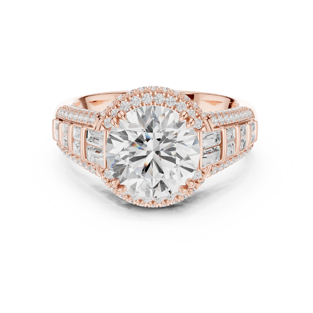 Round Cut Diamond Halo Engagement Ring with Baguette Side Stones and Vintage Inspired Detailing