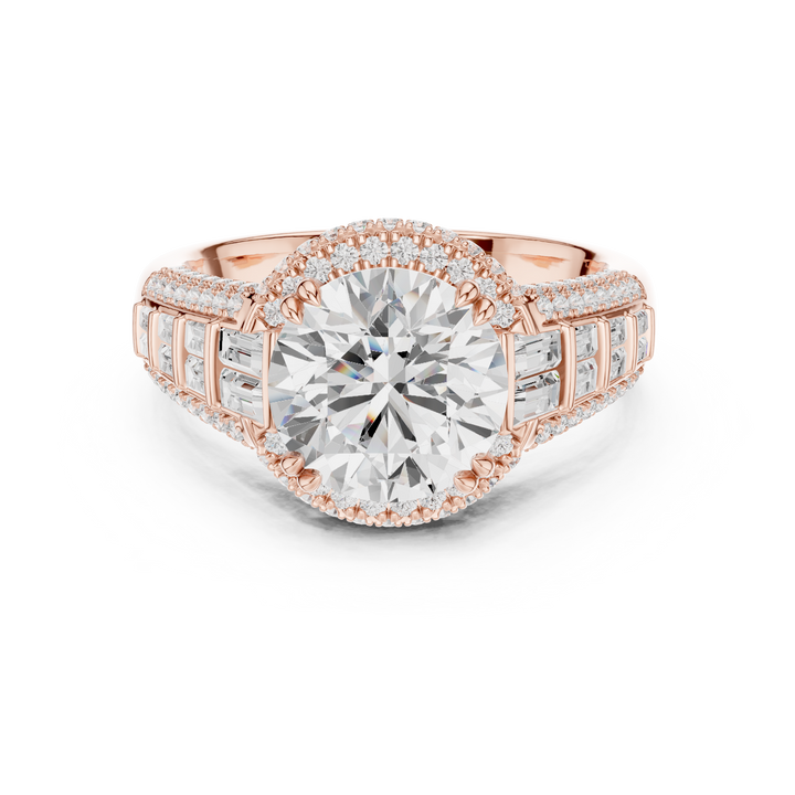 Round Cut Diamond Halo Engagement Ring with Baguette Side Stones and Vintage Inspired Detailing