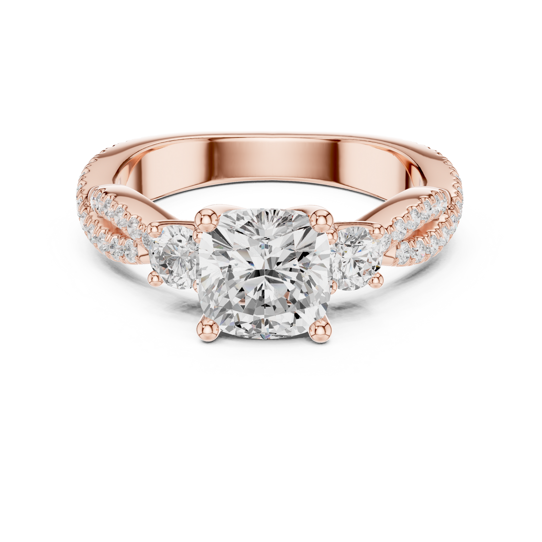 Cushion Cut Diamond Three Stone Twist Pavé Engagement Ring