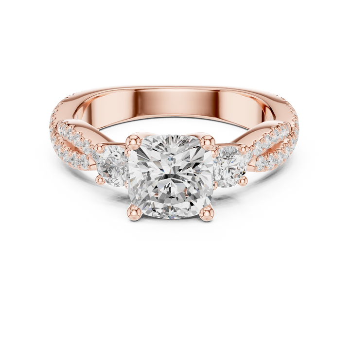 Cushion Cut Diamond Three Stone Twist Pavé Engagement Ring