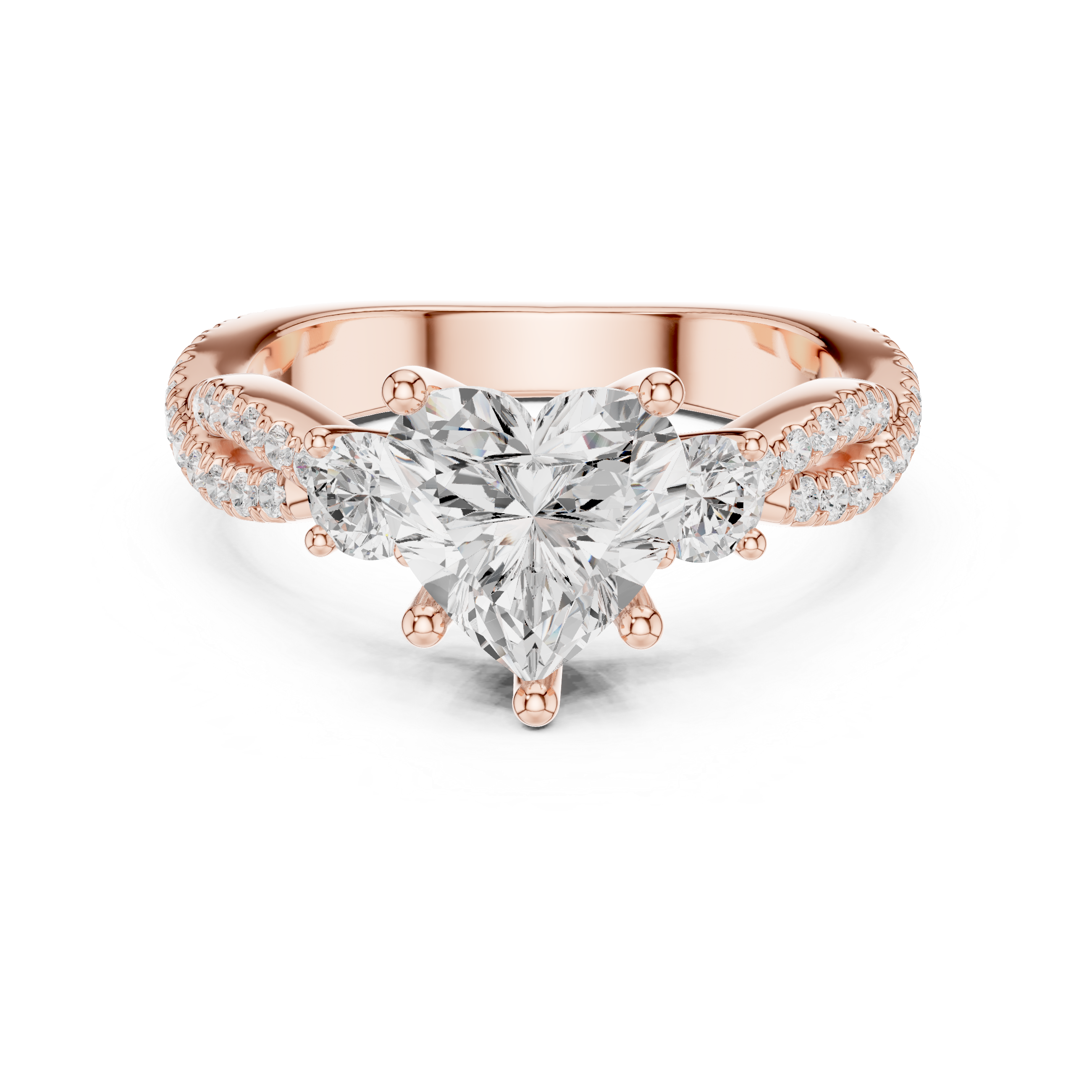 Heart Cut Diamond Three Stone Ring with Pavé Twist Band