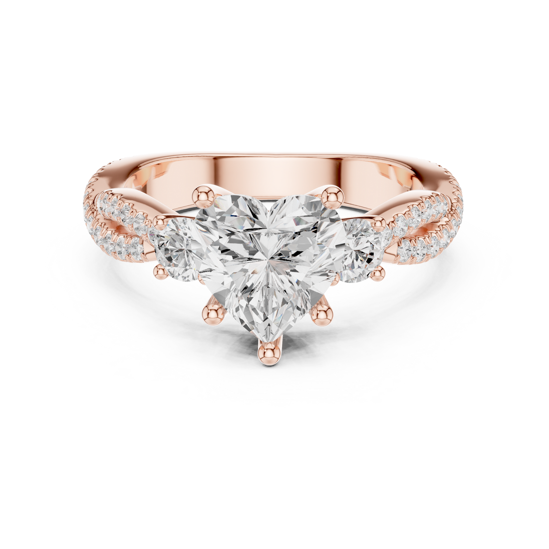 Heart Cut Diamond Three Stone Ring with Pavé Twist Band