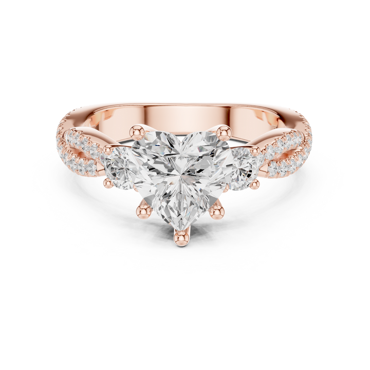 Heart Cut Diamond Three Stone Ring with Pavé Twist Band