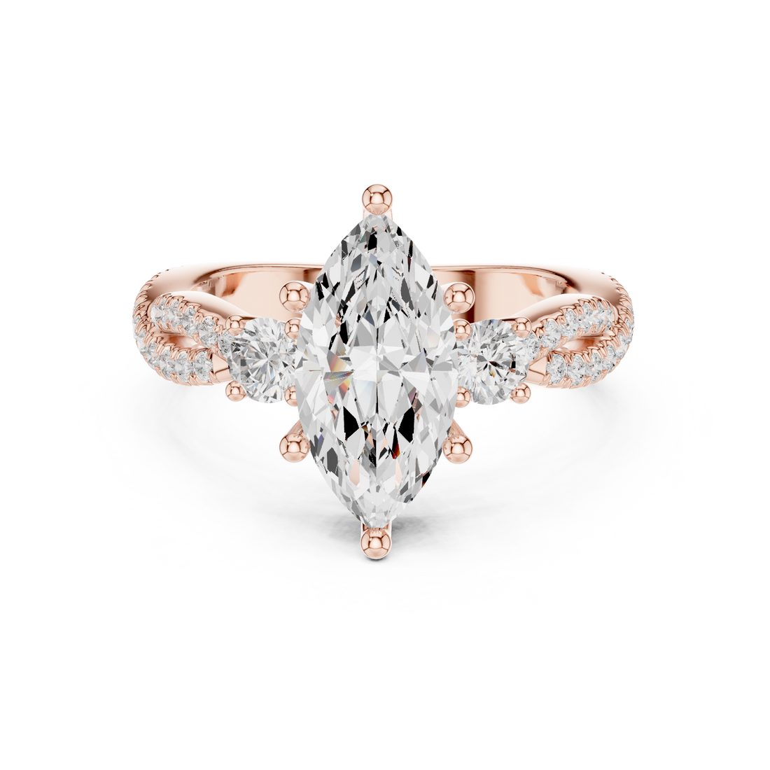 Marquise Cut Diamond Three Stone Engagement Ring with Twisted Pavé Band Design