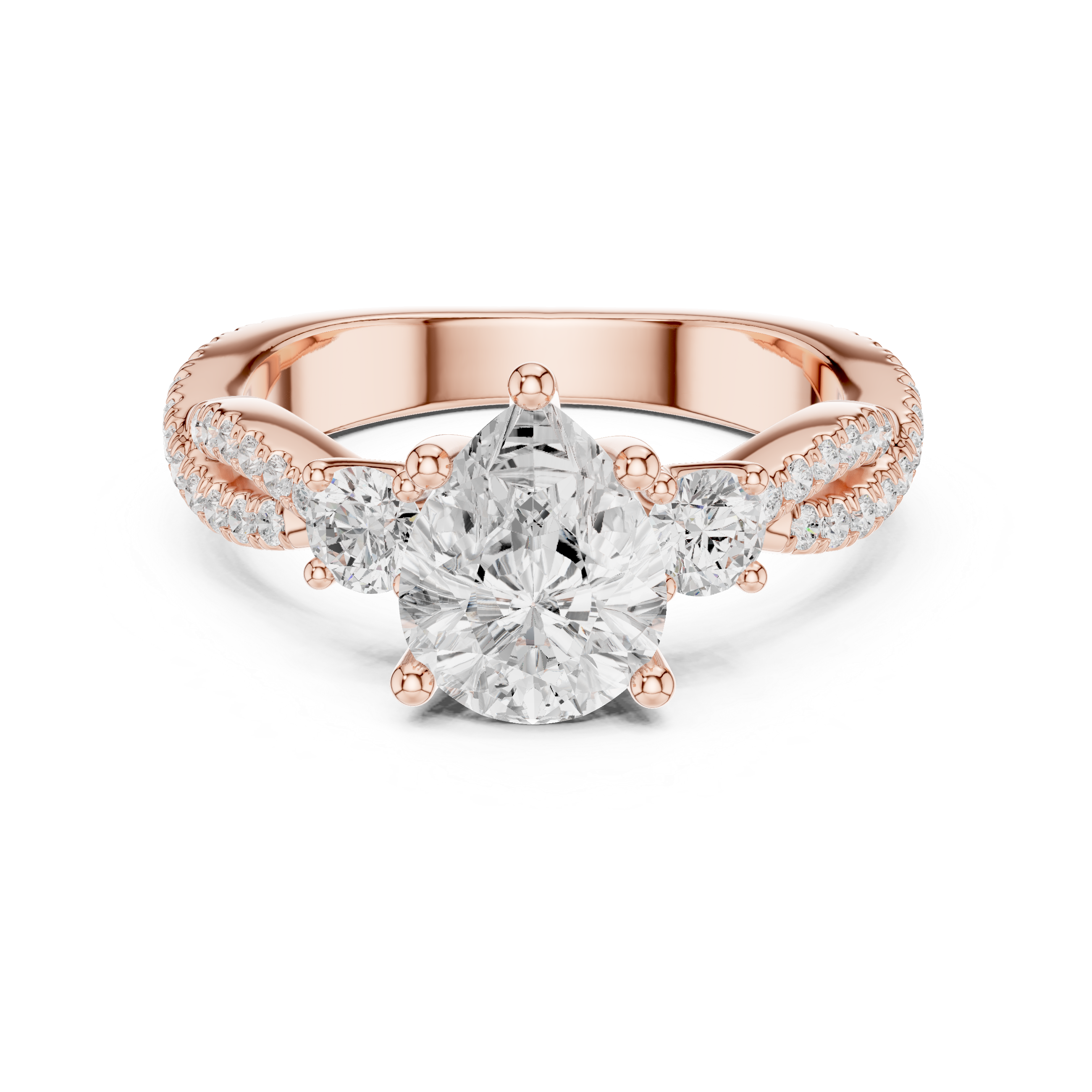 Pear Cut Diamond Three Stone Twist Pavé Engagement Ring