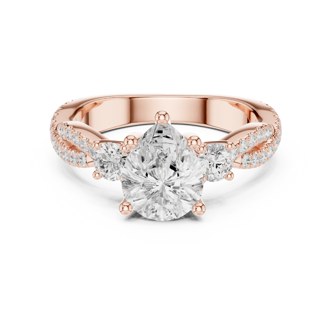 Pear Cut Diamond Three Stone Twist Pavé Engagement Ring