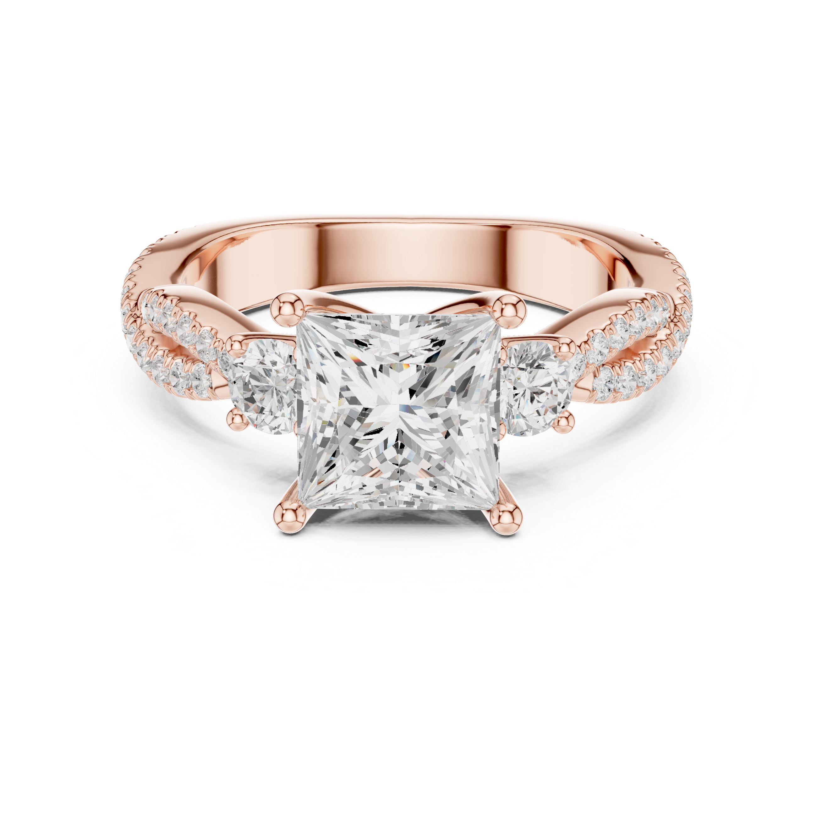 Princess Cut Diamond Three Stone Ring with Pavé Twist Band