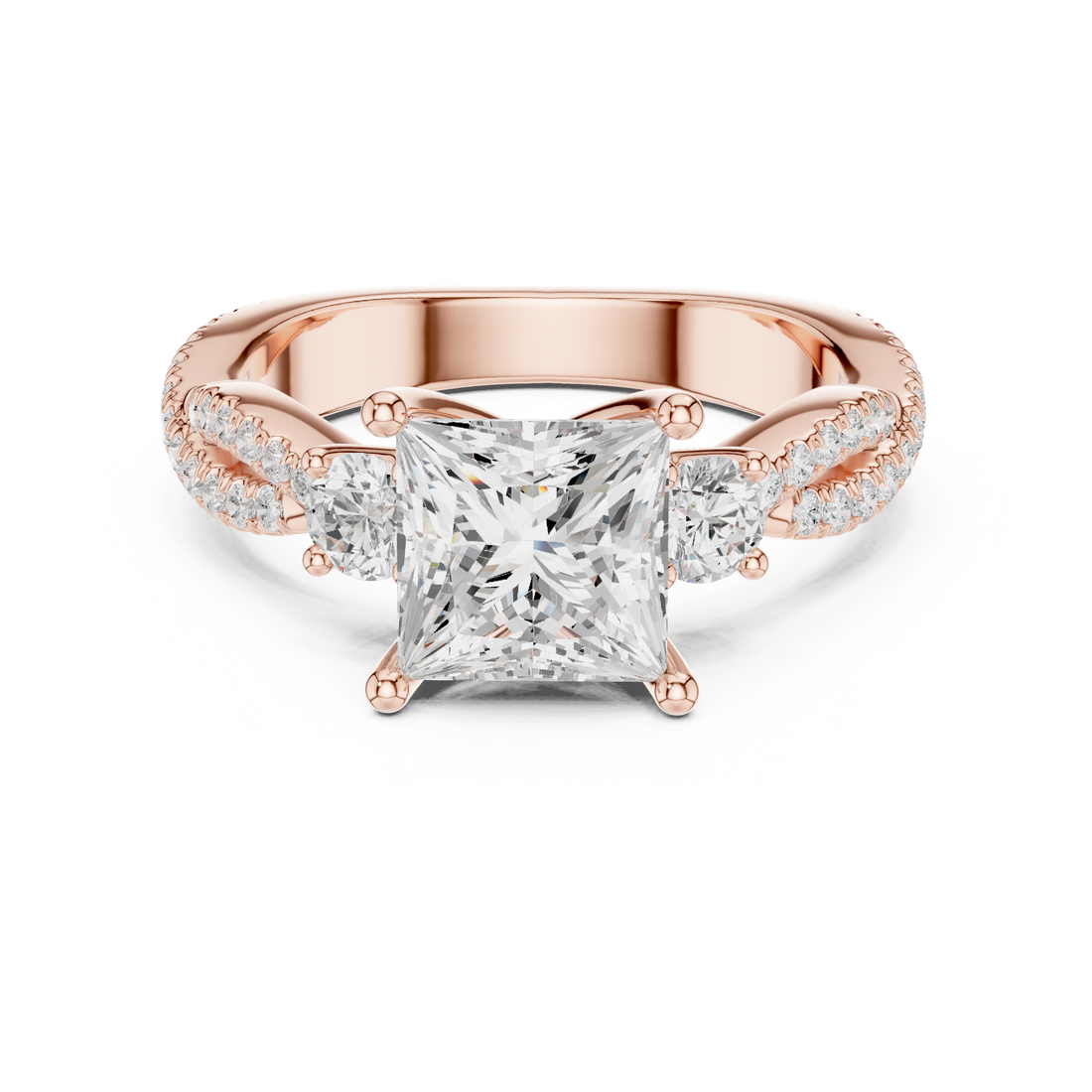 Princess Cut Diamond Three Stone Ring with Pavé Twist Band