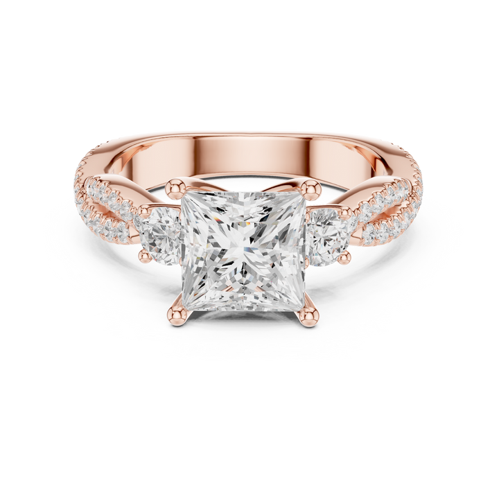 Princess Cut Diamond Three Stone Ring with Pavé Twist Band