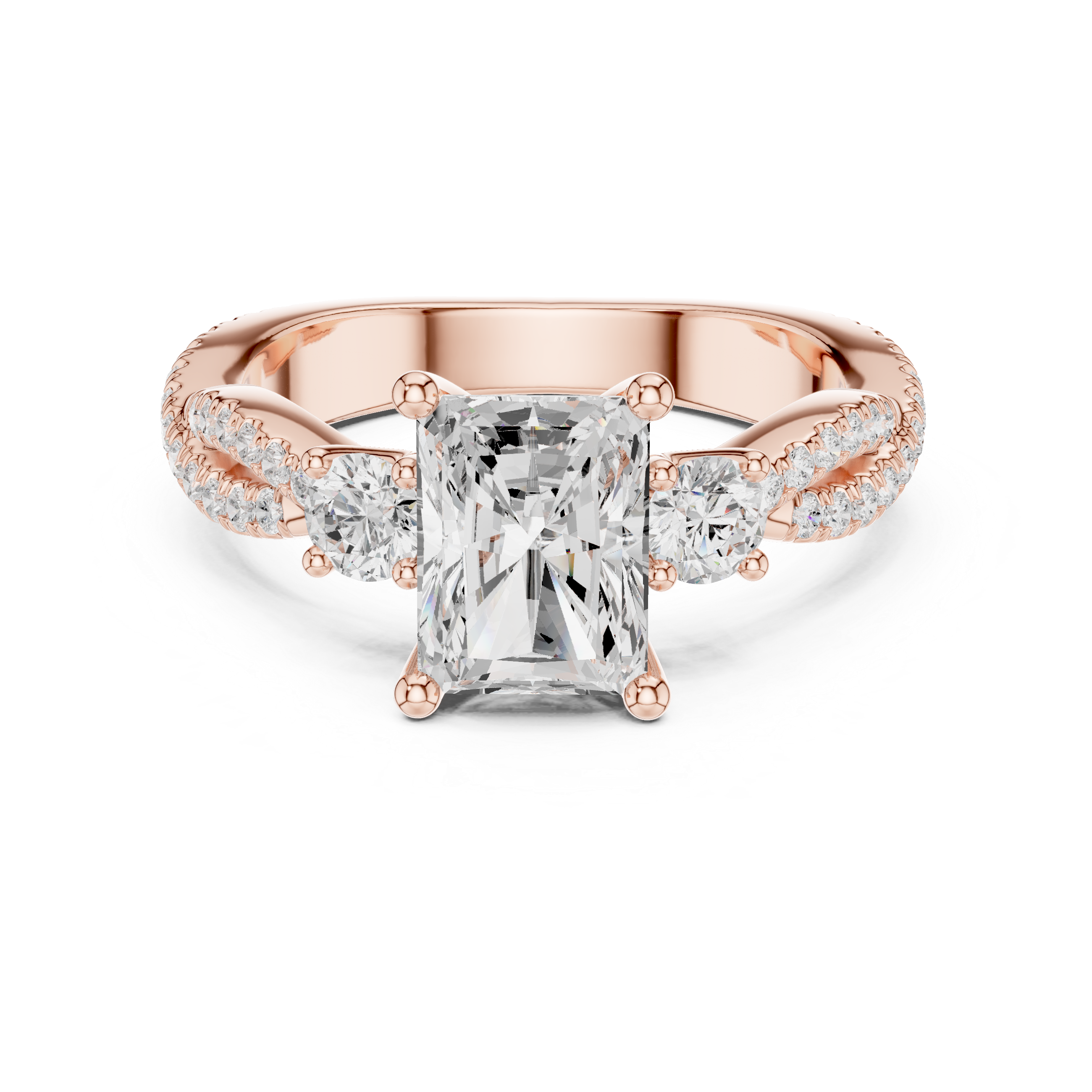 Emerald Cut Diamond Three Stone Engagement Ring with Twisted Pavé Band Design