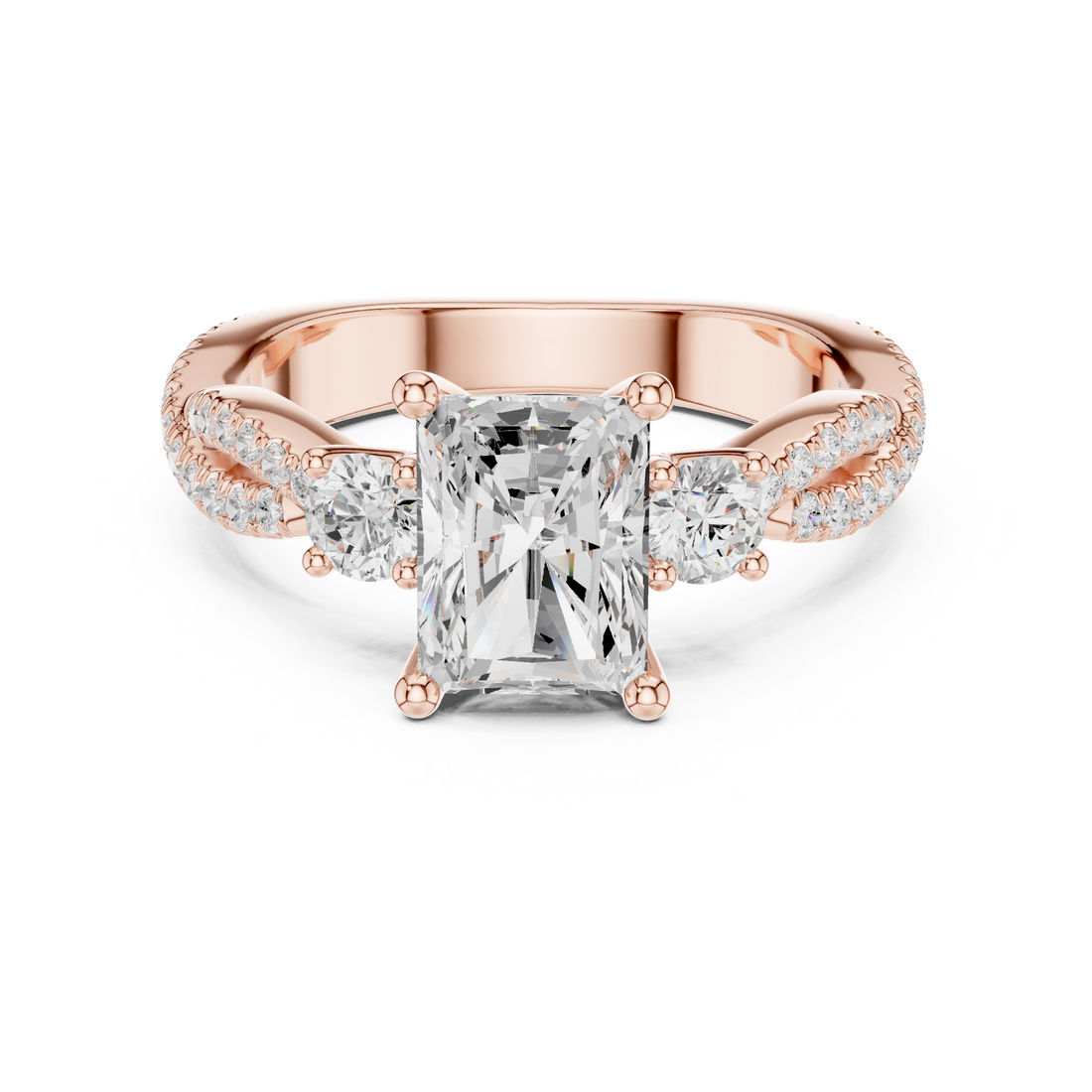 Emerald Cut Diamond Three Stone Engagement Ring with Twisted Pavé Band Design