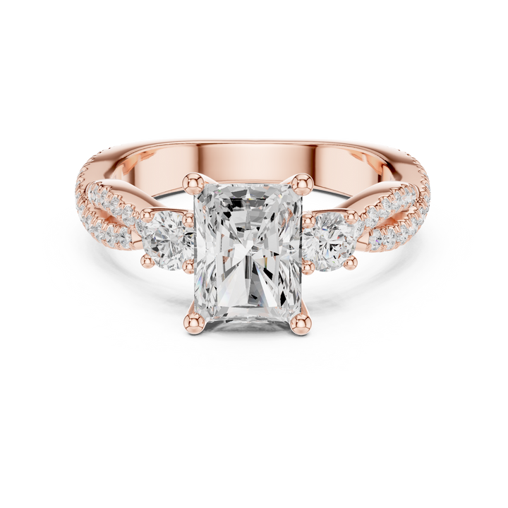 Emerald Cut Diamond Three Stone Engagement Ring with Twisted Pavé Band Design