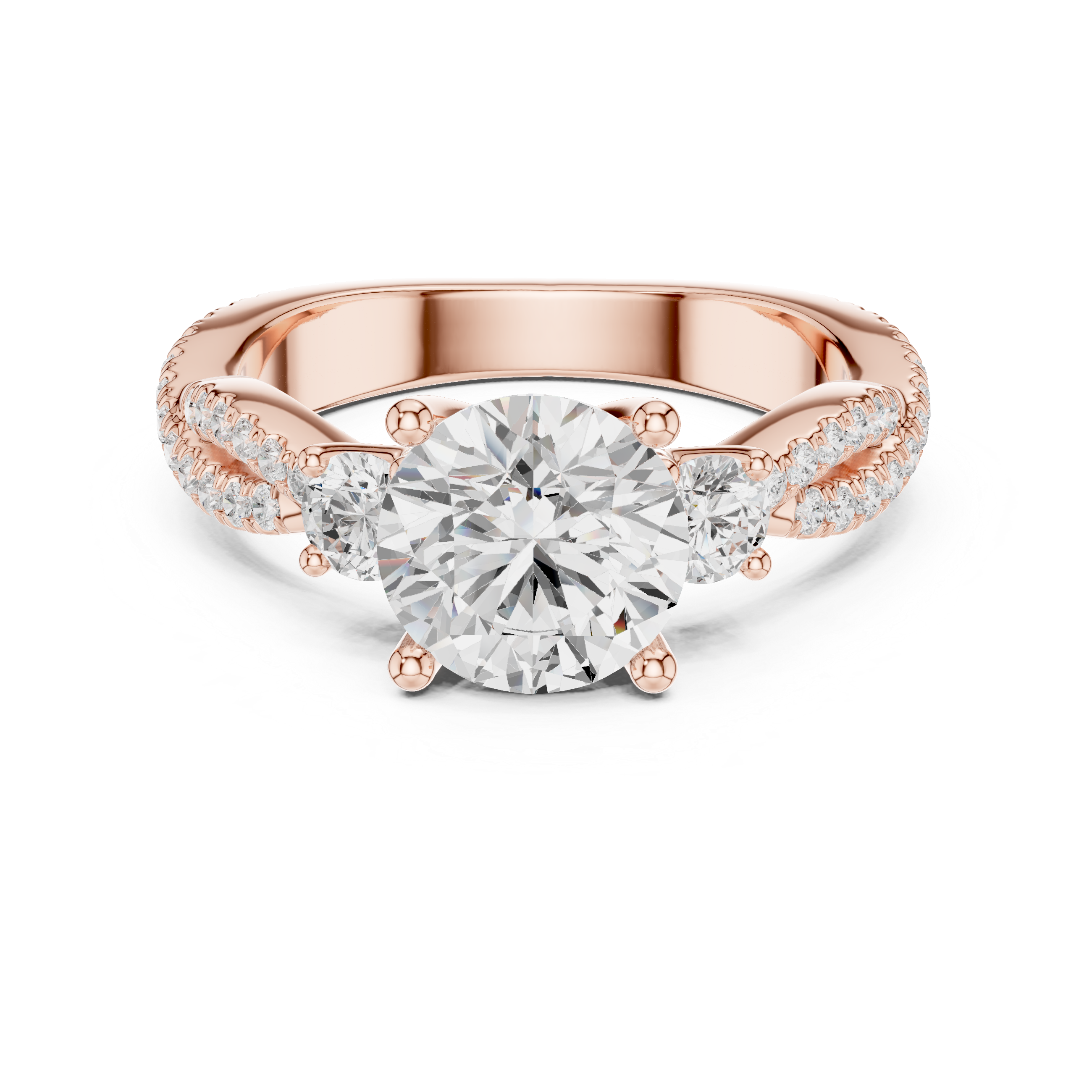 Round Cut Diamond Three Stone Twisted Pavé Band Ring