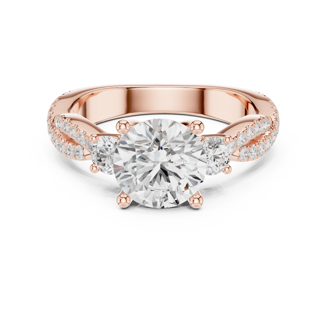 Round Cut Diamond Three Stone Twisted Pavé Band Ring