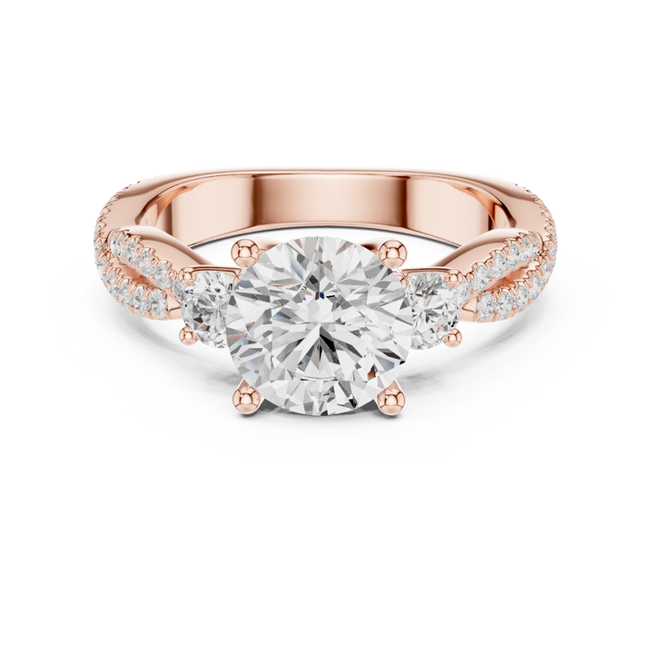 Round Cut Diamond Three Stone Twisted Pavé Band Ring