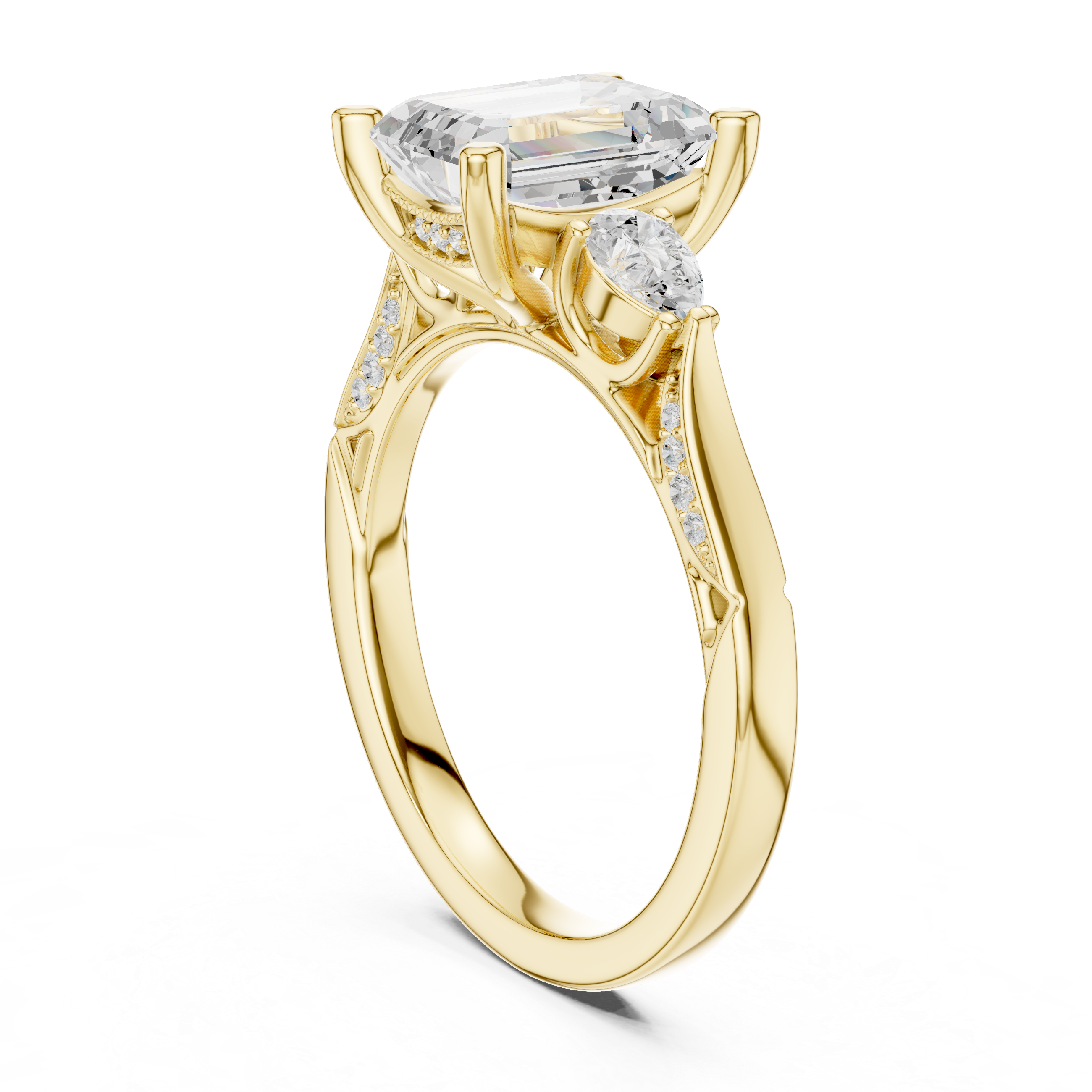Emerald Cut Diamond Ring with Pear Side Stones