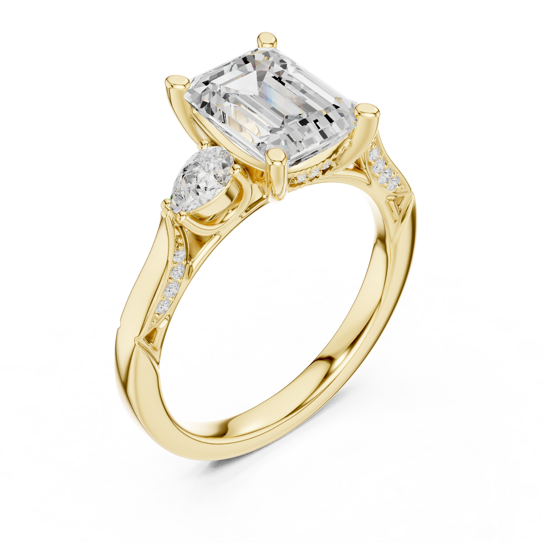 Emerald Cut Diamond Ring with Pear Side Stones