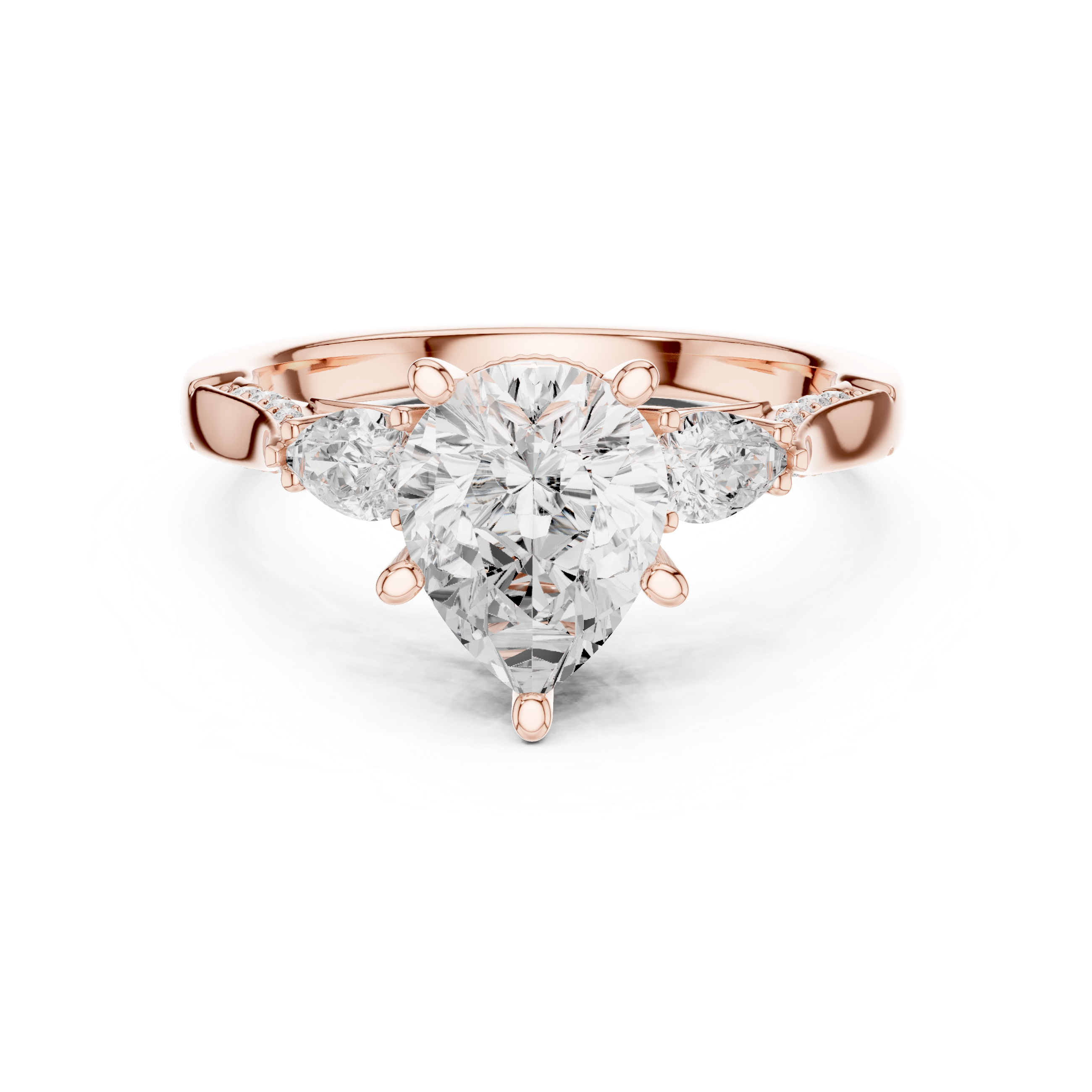 Timeless Pear Cut Diamond Three Stone Engagement Ring with Tapered Pear Side Diamonds accent stones classic look