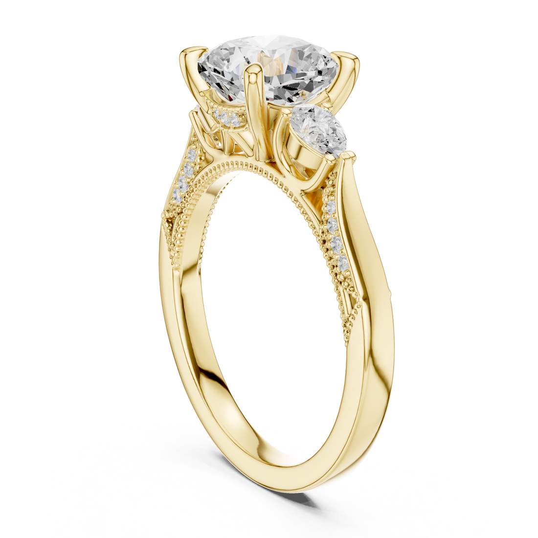 Classic halo diamond ring with sparkling side stones.