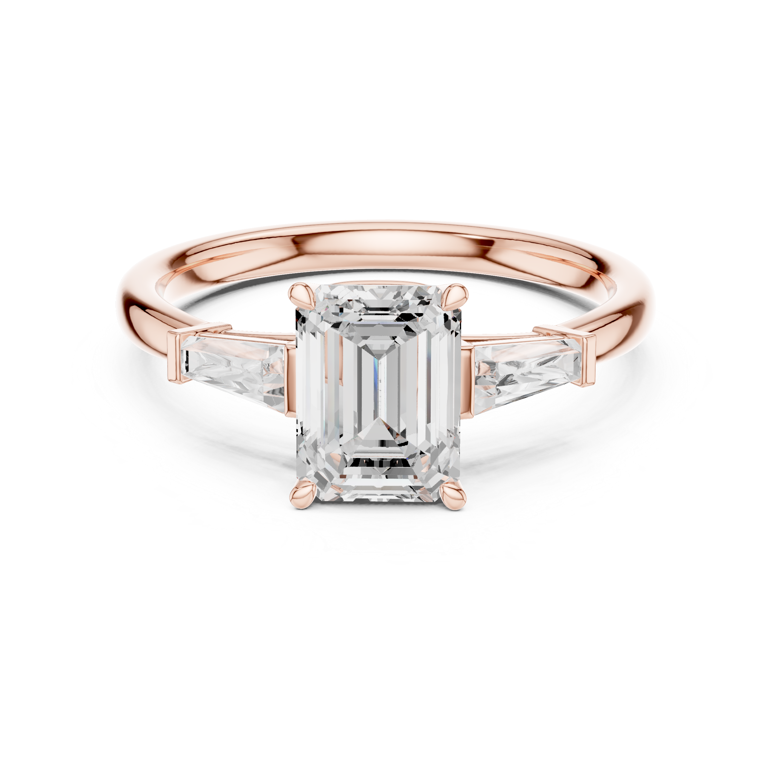 Timeless Emerald Cut Diamond Three Stone Engagement Ring with Tapered Baguette Side Diamonds accent stones classic look