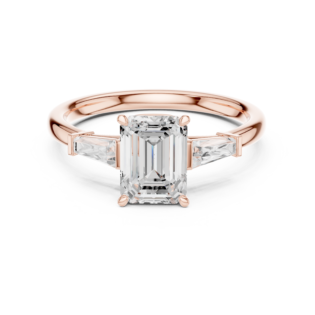 Timeless Emerald Cut Diamond Three Stone Engagement Ring with Tapered Baguette Side Diamonds accent stones classic look