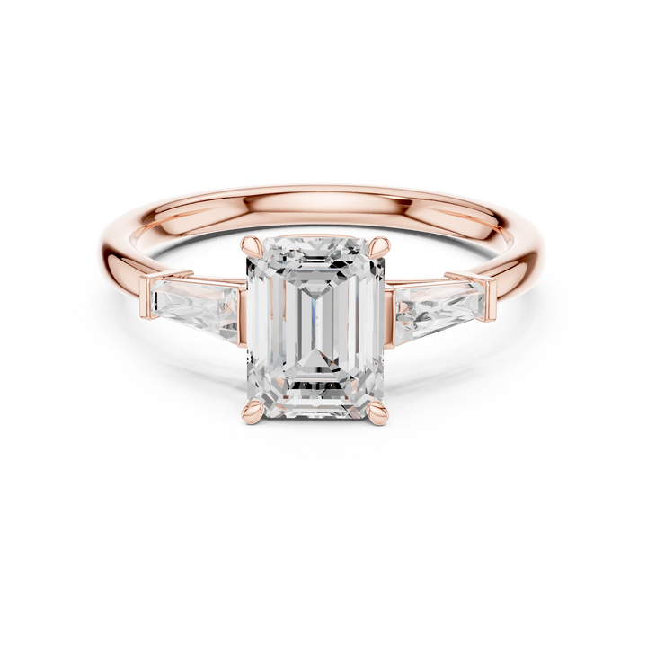Timeless Emerald Cut Diamond Three Stone Engagement Ring with Tapered Baguette Side Diamonds accent stones classic look