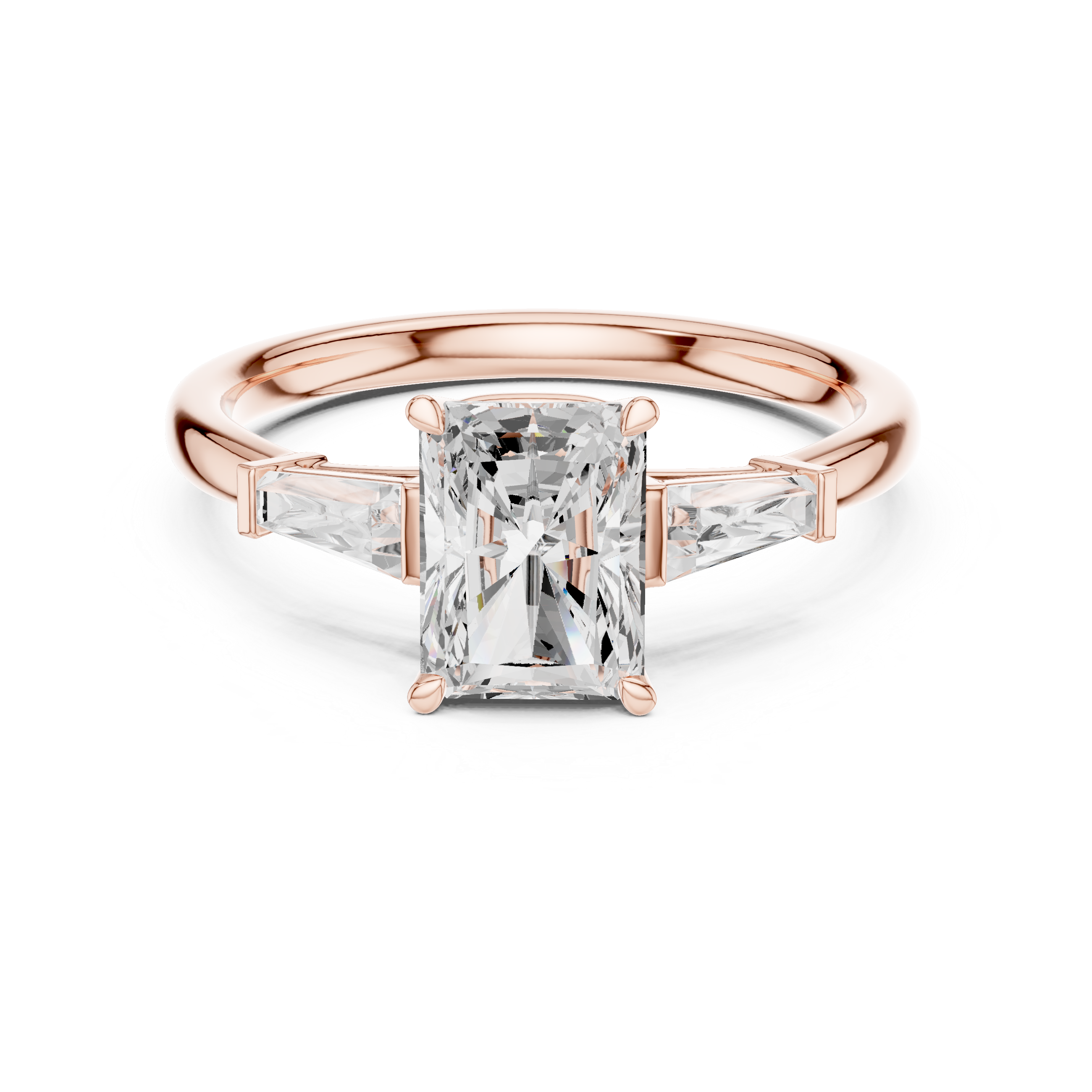 Timeless Radiant Cut Diamond Three Stone Ring with Tapered Baguette Sides accent stones classic look