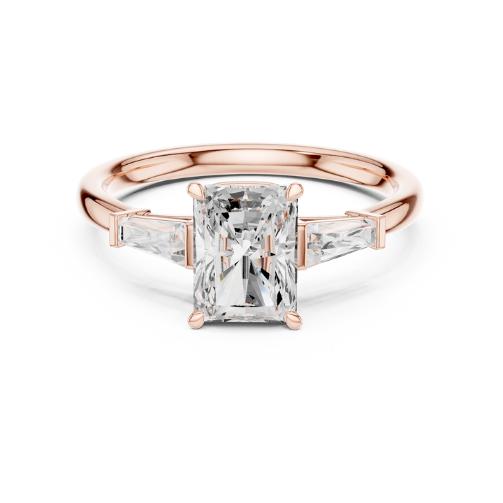 Timeless Radiant Cut Diamond Three Stone Ring with Tapered Baguette Sides accent stones classic look