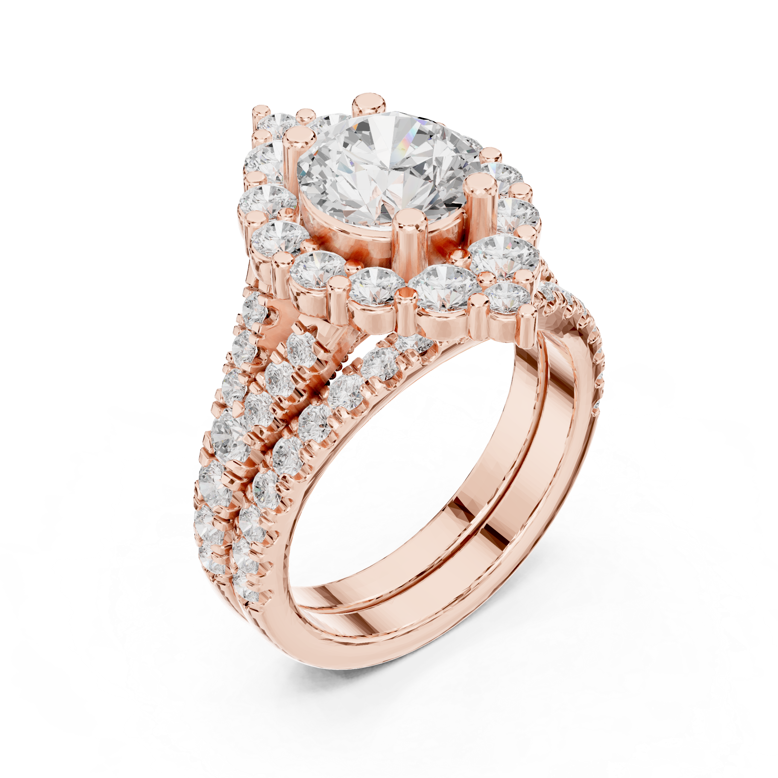 Classic halo diamond ring with sparkling side stones.