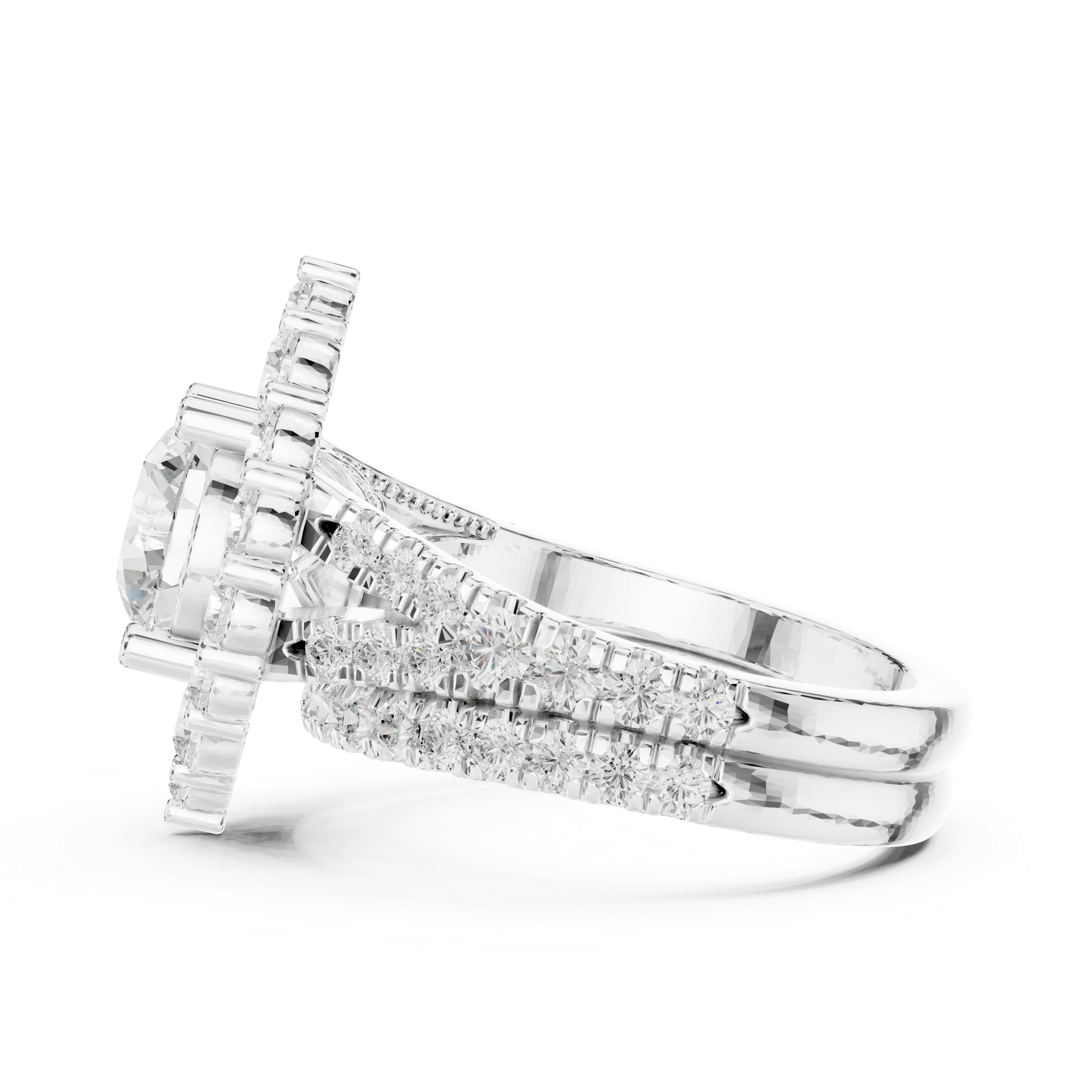 Cushion-cut diamond ring with elegant halo setting.