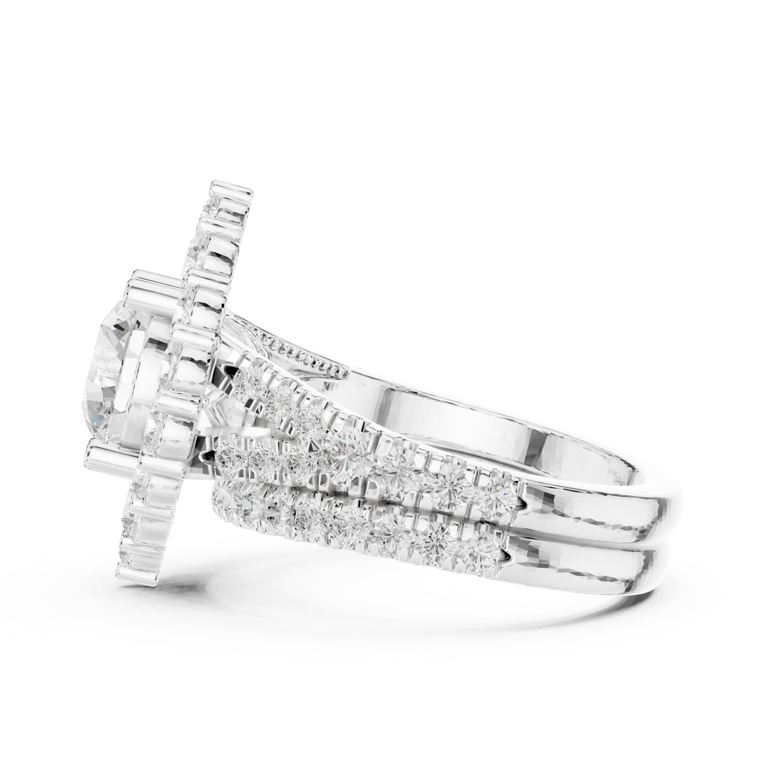 Cushion-cut diamond ring with elegant halo setting.