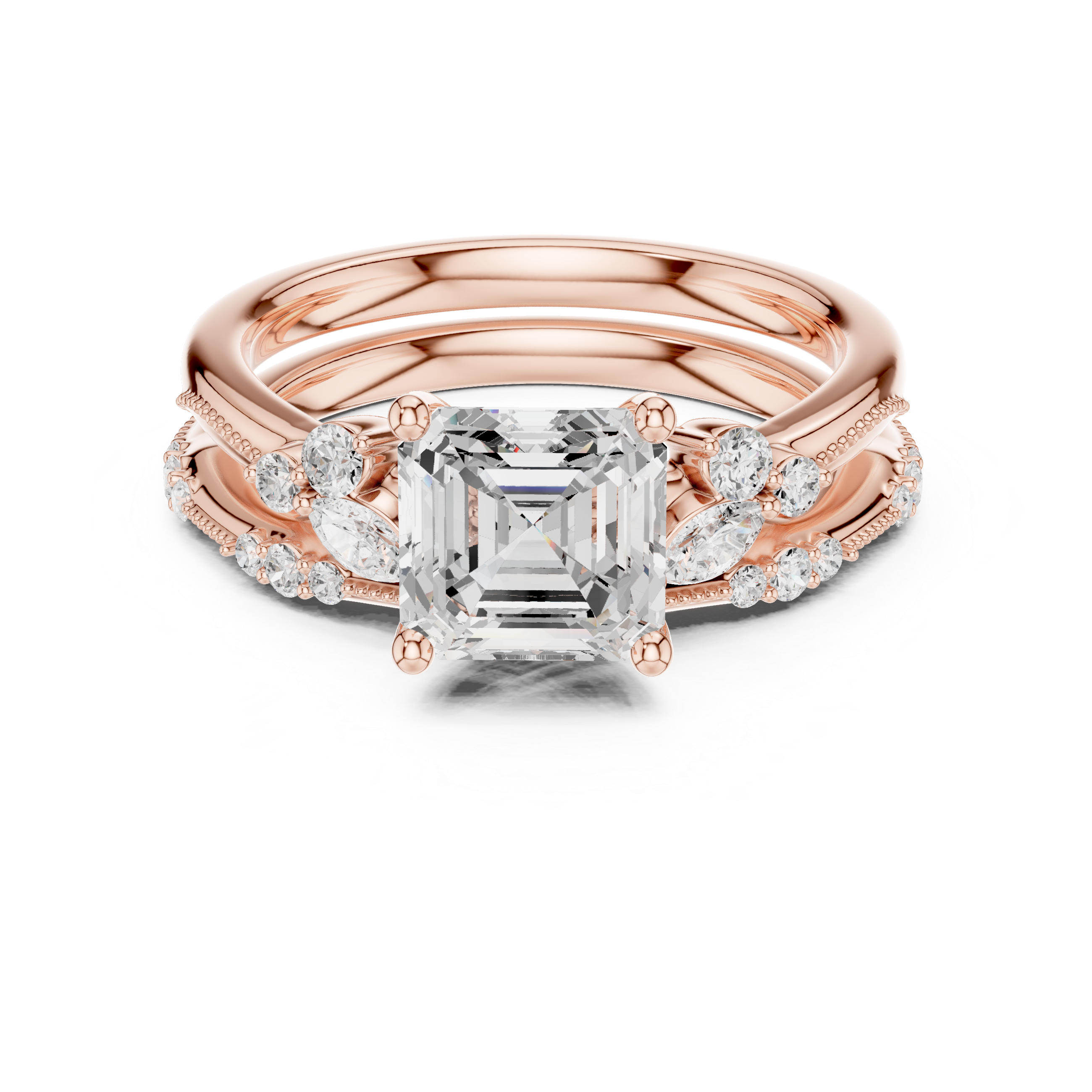 Asscher Cut Diamond Stackable Bridal Set with Marquise and Round Side Stones