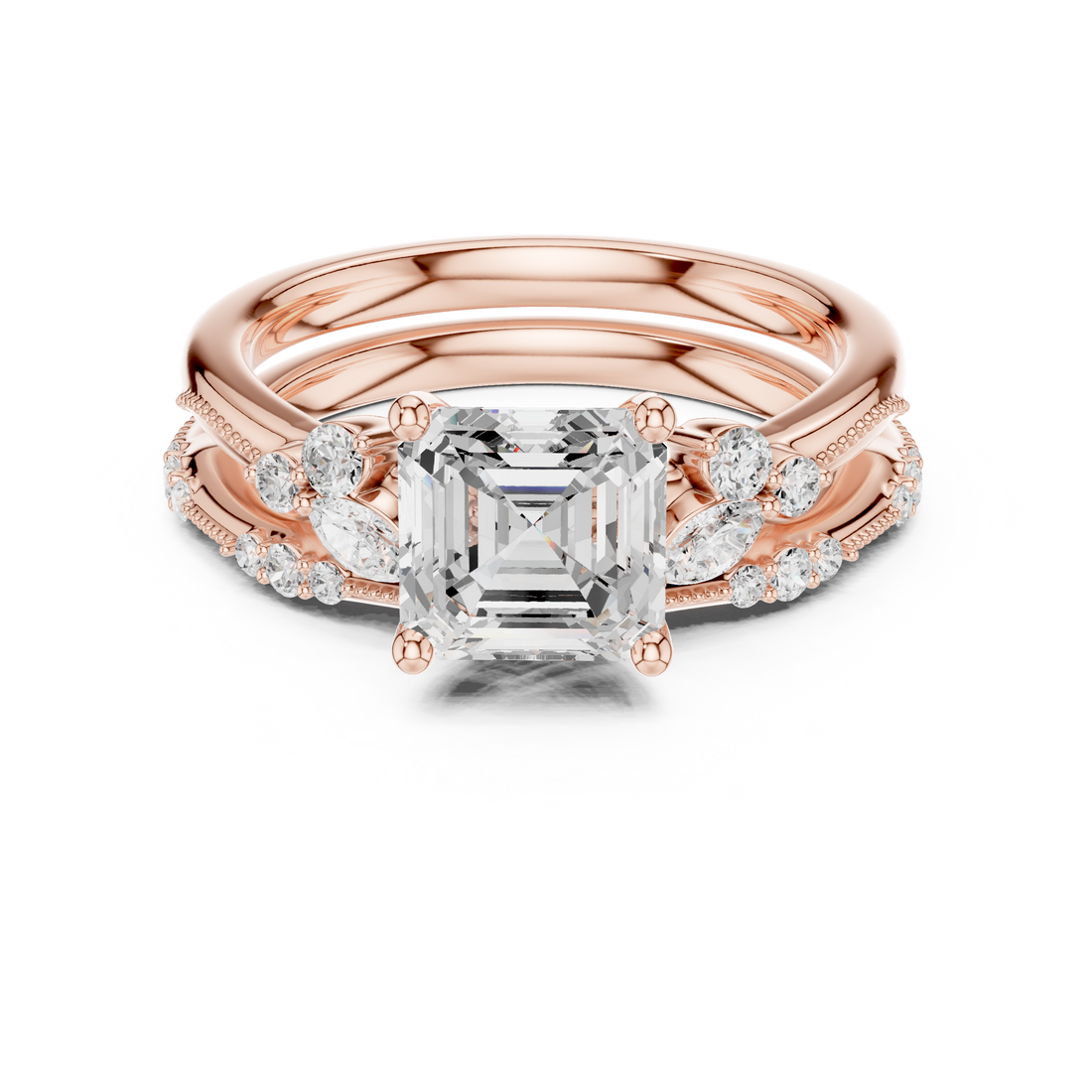 Asscher Cut Diamond Stackable Bridal Set with Marquise and Round Side Stones