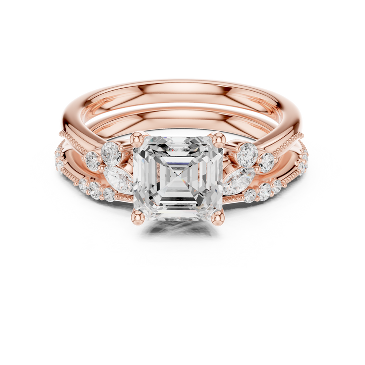Asscher Cut Diamond Stackable Bridal Set with Marquise and Round Side Stones
